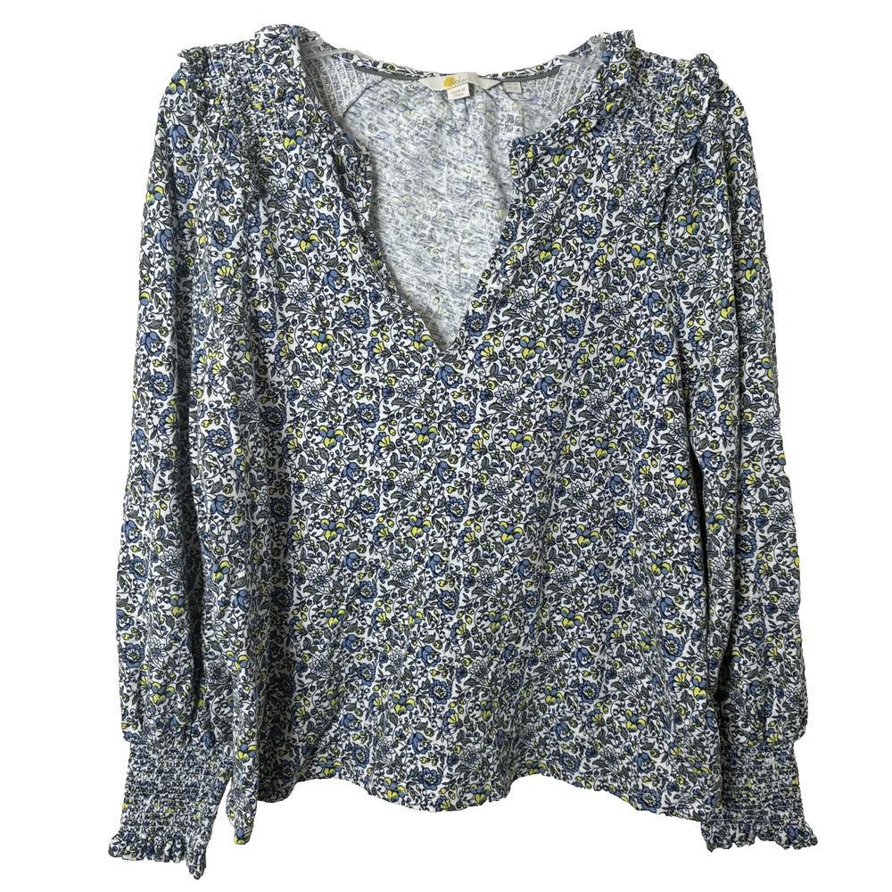Boden Women's Notch Neck Long Sleeve Floral Smocked Frill Top Size 10